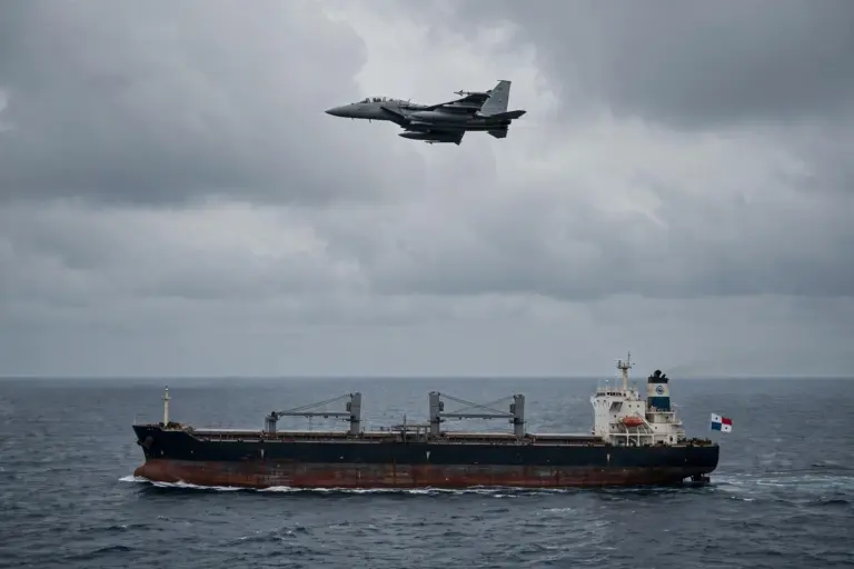 US fighter jet flies over the Panama-flagged bulk carrier M/V Ocean Molica in the Gulf of Oman during US blockade enforcement against Iranian ports