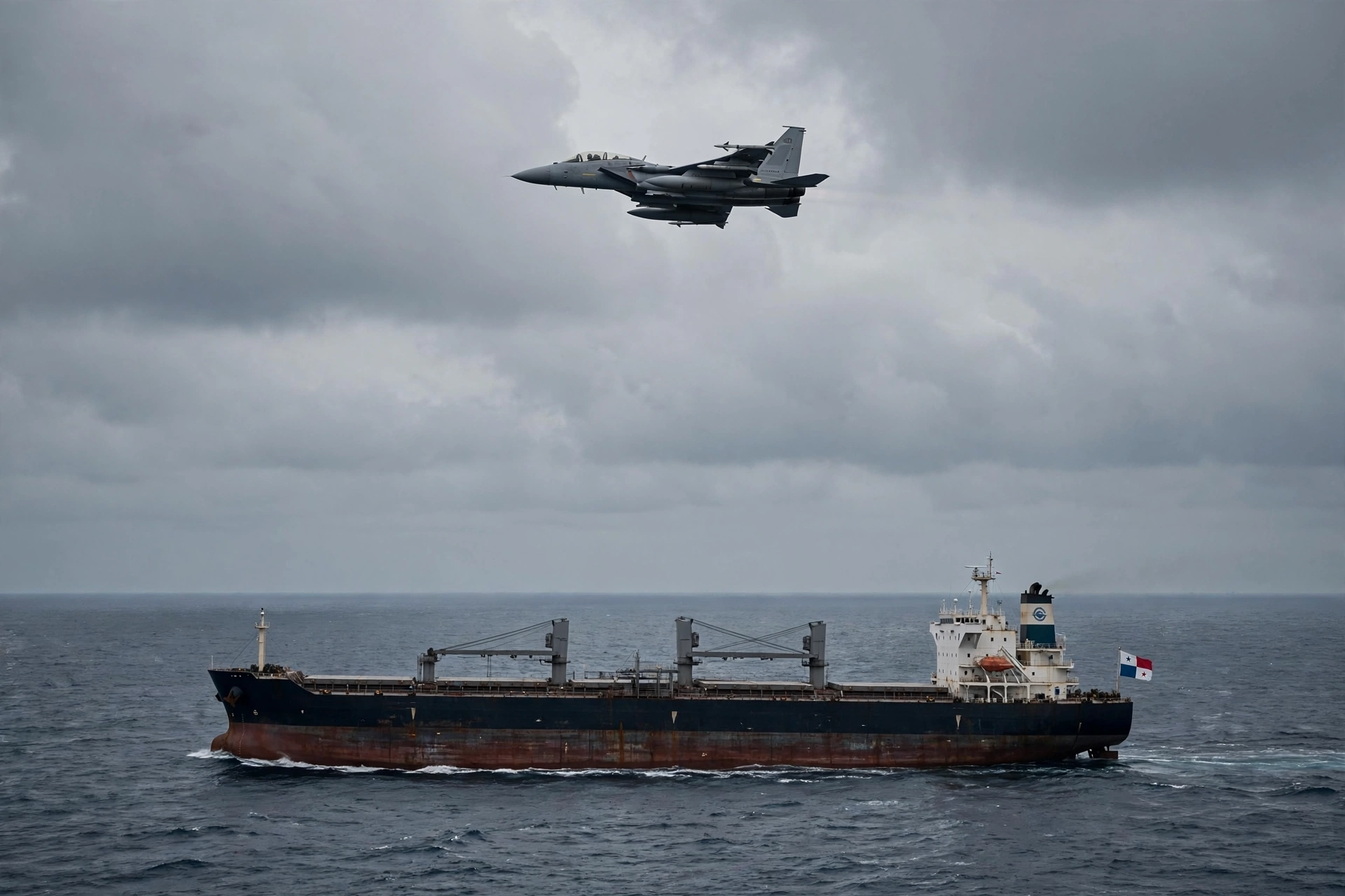 US fighter jet flies over the Panama-flagged bulk carrier M/V Ocean Molica in the Gulf of Oman during US blockade enforcement against Iranian ports
