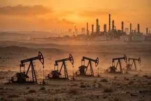 Oil pumpjacks and refinery silhouetted against a dusk sky in the Arabian desert as Brent crude nears $118 a barrel