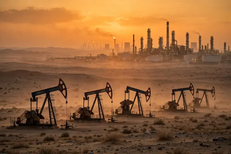 Oil pumpjacks and refinery silhouetted against a dusk sky in the Arabian desert as Brent crude nears $118 a barrel