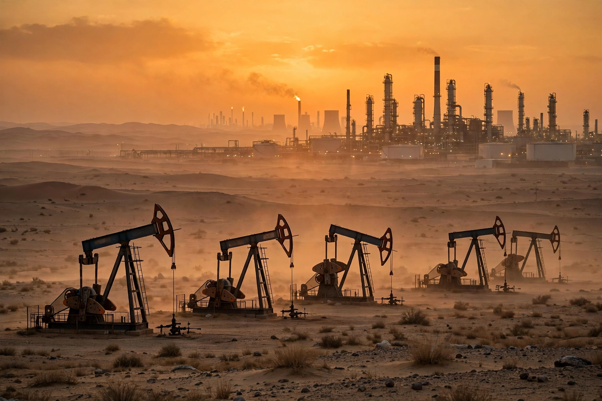Oil pumpjacks and refinery silhouetted against a dusk sky in the Arabian desert as Brent crude nears $118 a barrel