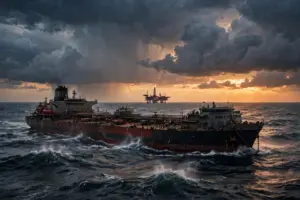 Oil supertanker and offshore platform at sea under storm clouds as crude prices surge