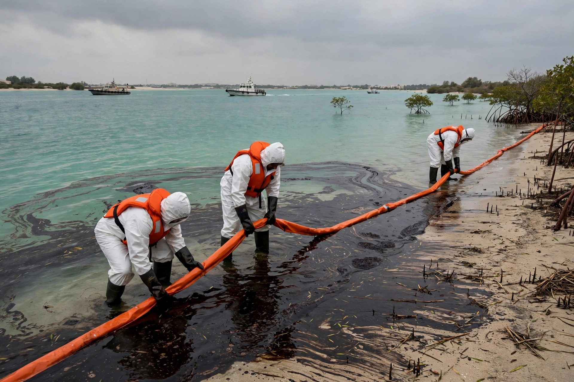 Emergency workers in protective gear deploy an orange containment boom along an oiled beach in Umm Al Quwain, UAE, as dark oil spreads across turquoise Gulf water.