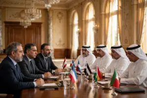 Senior Gulf diplomats seated around a long table at a formal meeting in an elegant hall