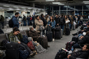Stranded travelers with luggage waiting in a crowded airport departure terminal at night
