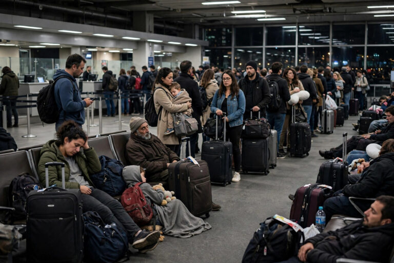 Stranded travelers with luggage waiting in a crowded airport departure terminal at night