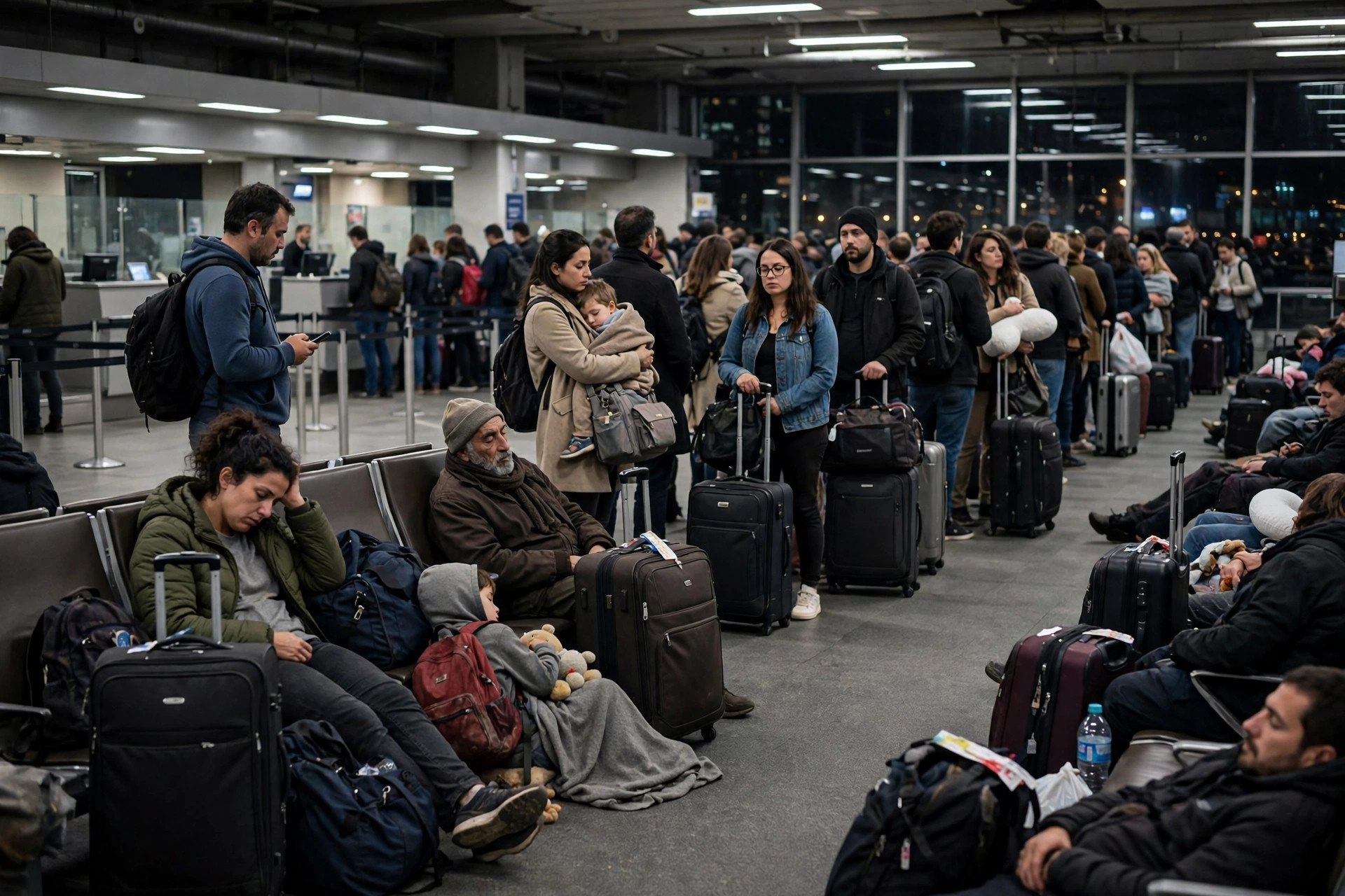Stranded travelers with luggage waiting in a crowded airport departure terminal at night