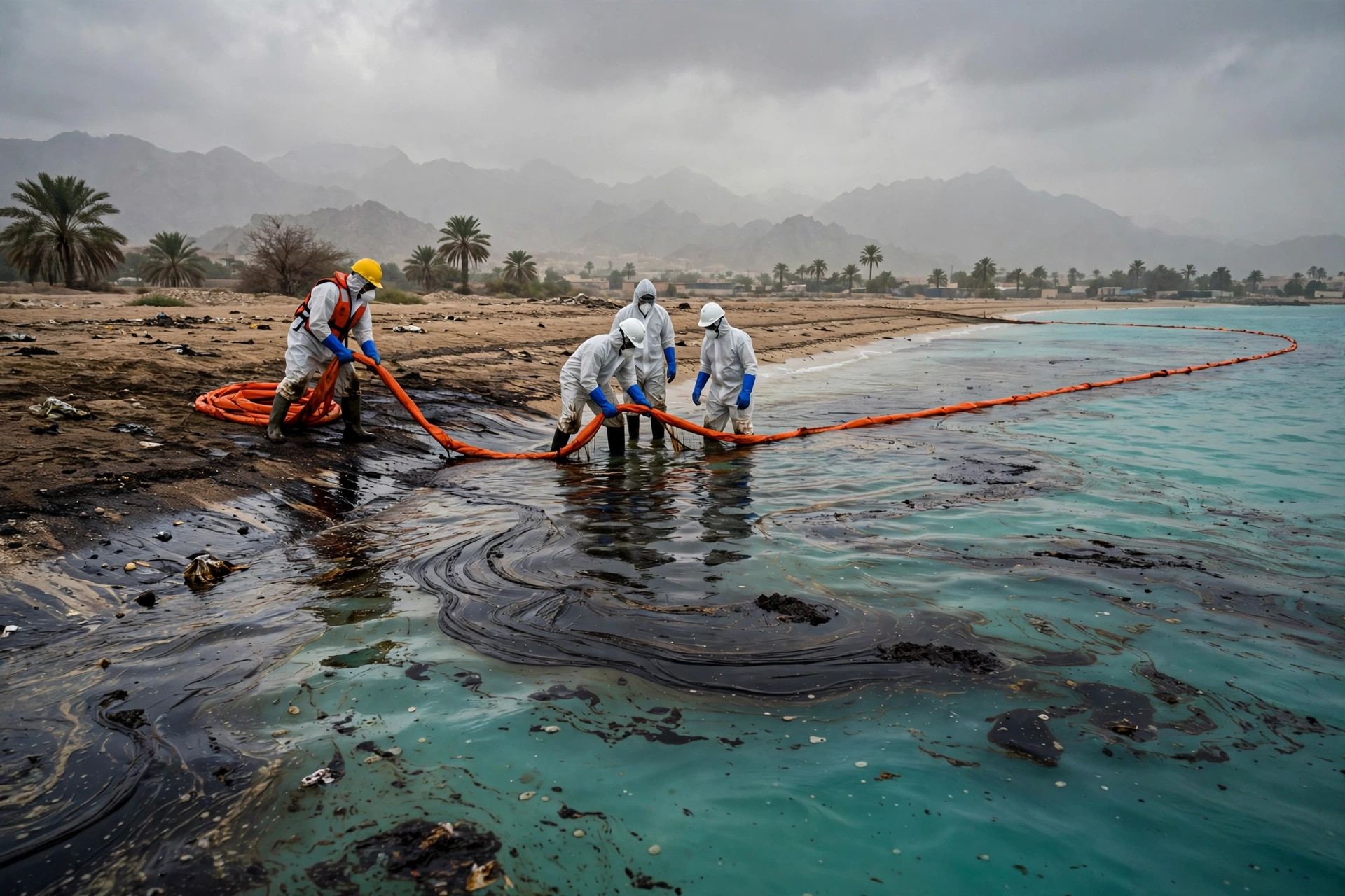 Workers in protective gear deploy an orange containment boom along an oiled beach in Ras Al Khaimah, UAE, as dark oil spreads across turquoise Gulf water