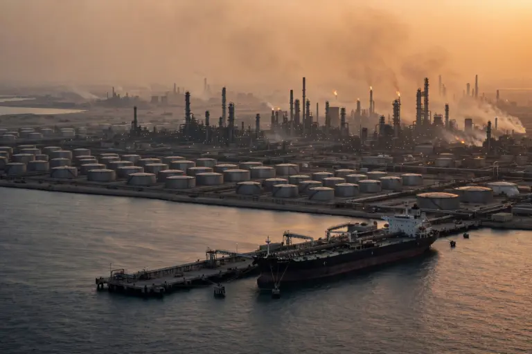 Coastal oil refinery and crude export terminal on the Arabian Gulf at dusk, with storage tanks and a moored oil tanker