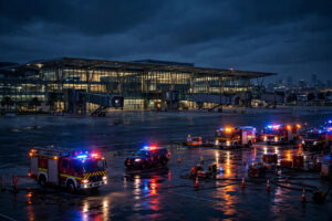 Night view of King Fahd International Airport terminal in Dammam with emergency vehicle lights after the October 21, 2026 attack