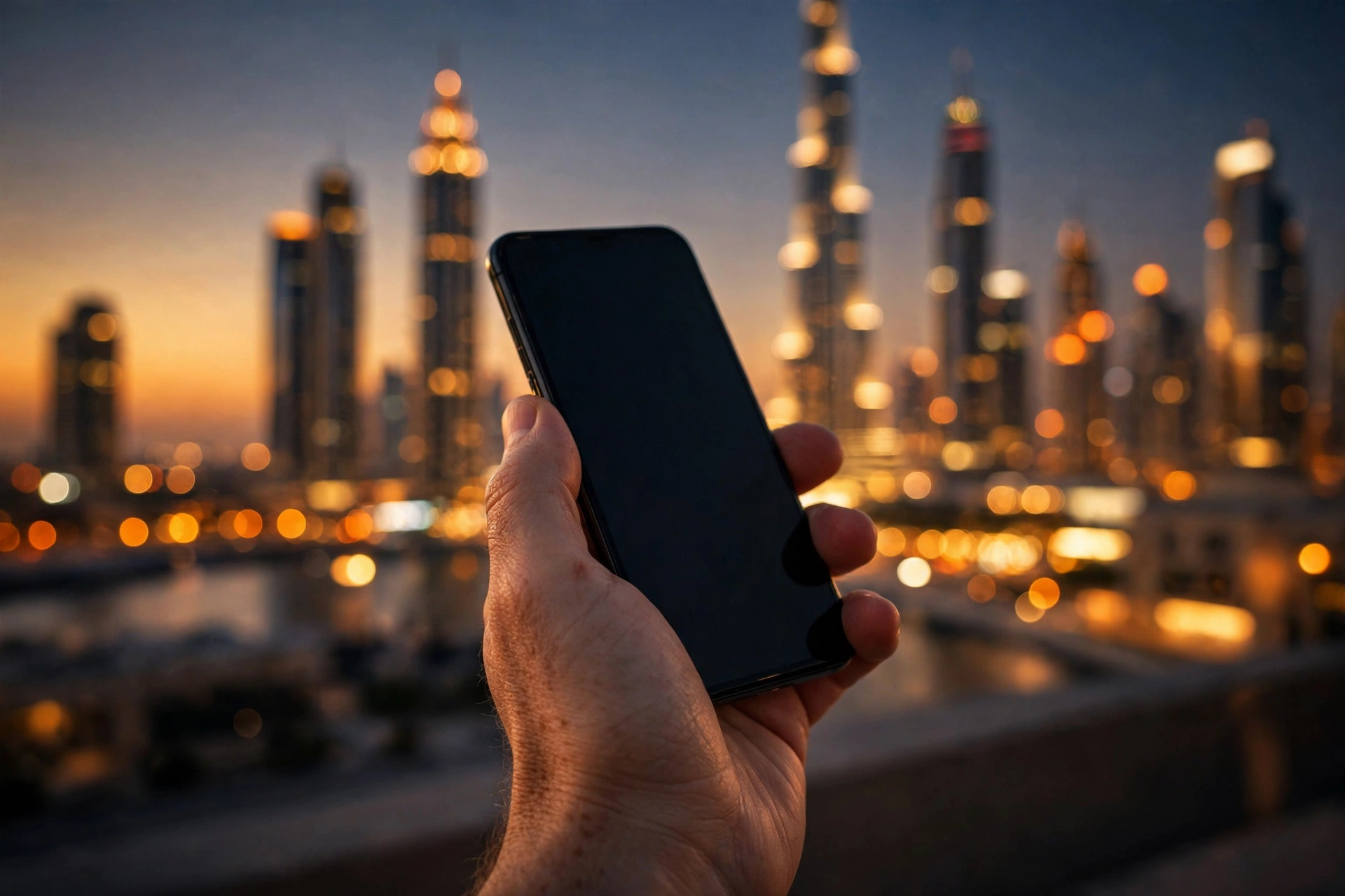 Hand holding a smartphone at night with the Dubai skyline in the background, illustrating the UAE's warning about online insults