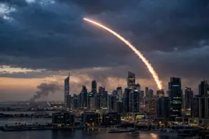 Interceptor missile trail arcing over the Riyadh skyline at dusk