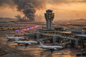 Smoke rises over King Khalid International Airport in Riyadh at dusk as emergency vehicles respond after Houthi missile attacks, October 2026