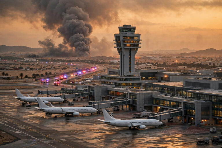 Smoke rises over King Khalid International Airport in Riyadh at dusk as emergency vehicles respond after Houthi missile attacks, October 2026