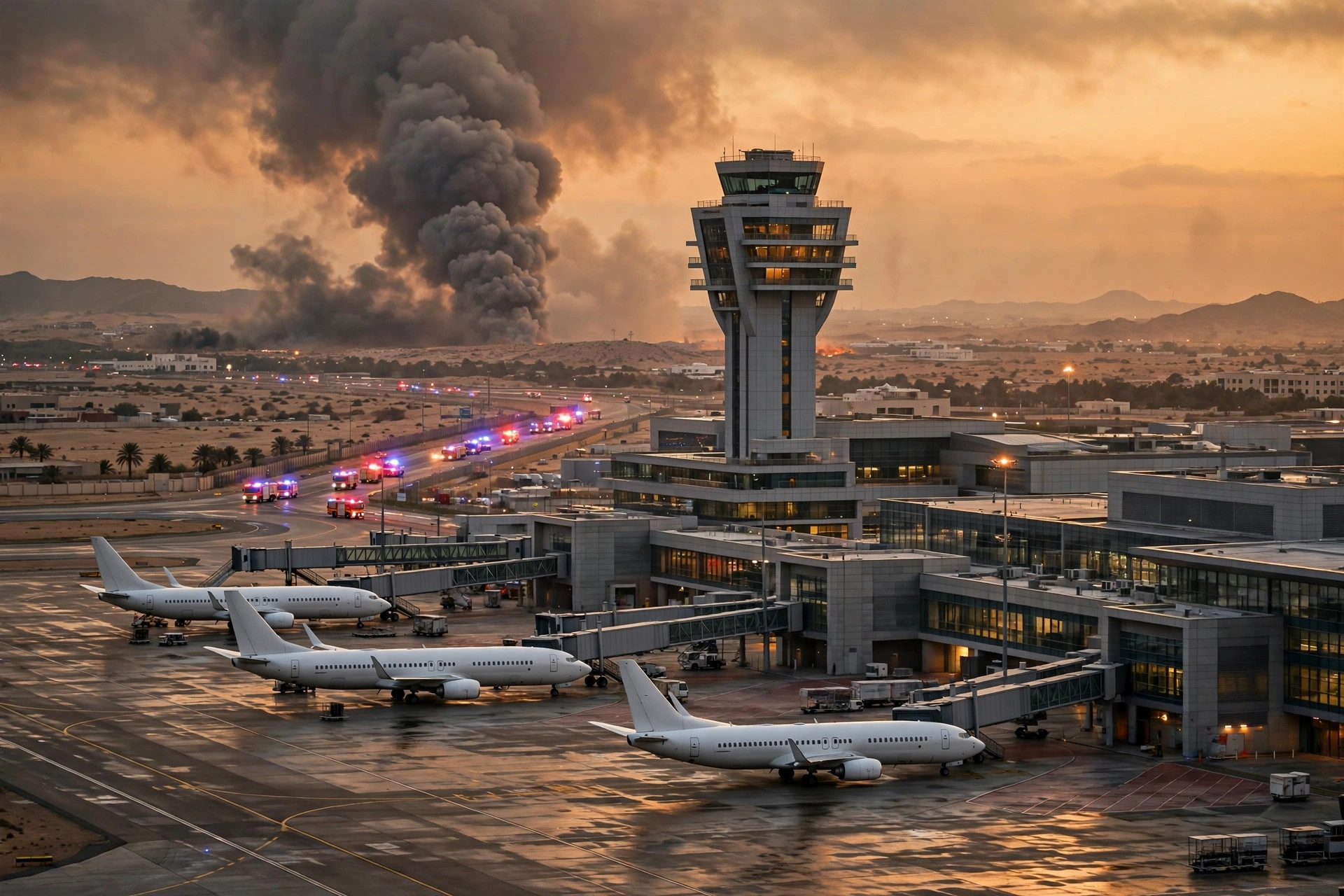Smoke rises over King Khalid International Airport in Riyadh at dusk as emergency vehicles respond after Houthi missile attacks, October 2026