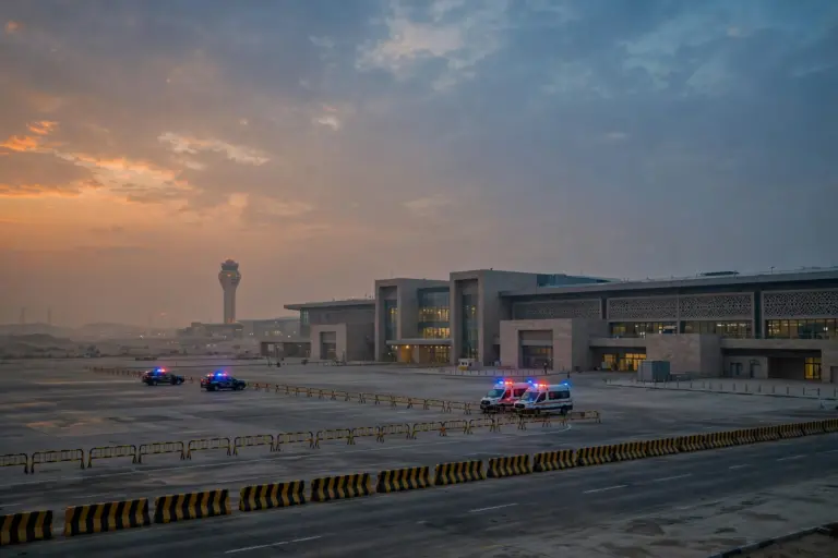 Emergency vehicles parked outside King Khalid International Airport terminal in Riyadh at dusk after operations were suspended