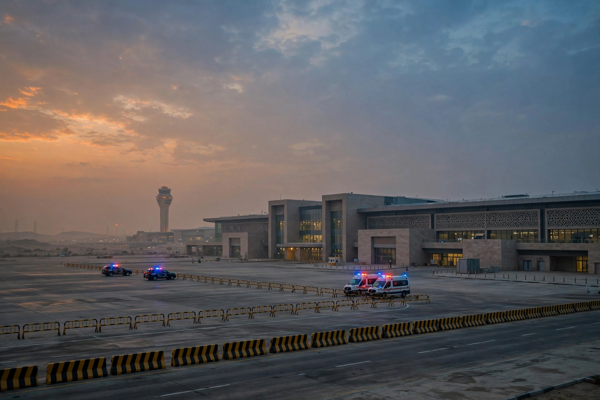Emergency vehicles parked outside King Khalid International Airport terminal in Riyadh at dusk after operations were suspended