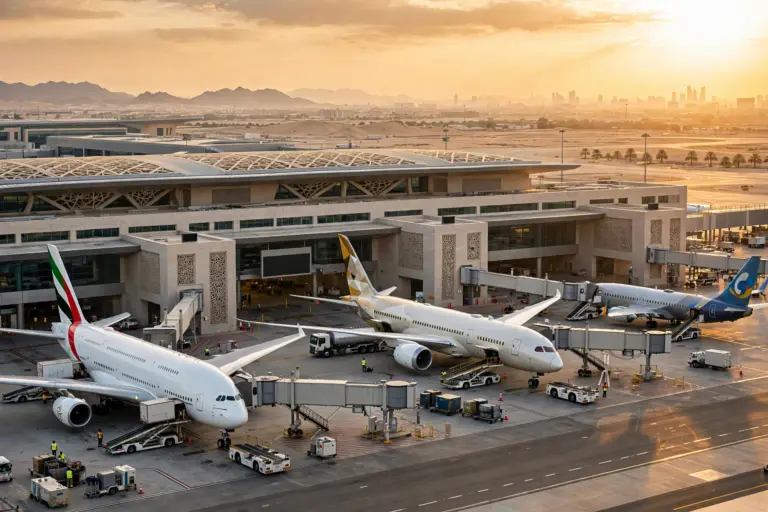 UAE airline passenger jets parked at a Middle Eastern airport terminal at golden hour amid Riyadh flight disruption