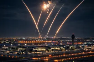Missile-defense interception streaks light up the night sky over an airport terminal in Saudi Arabia