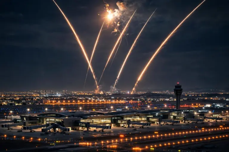 Missile-defense interception streaks light up the night sky over an airport terminal in Saudi Arabia