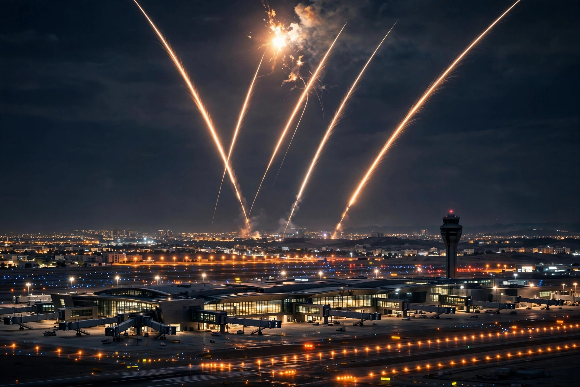 Missile-defense interception streaks light up the night sky over an airport terminal in Saudi Arabia