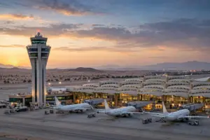 King Khalid International Airport in Riyadh at dusk with parked passenger aircraft on the tarmac