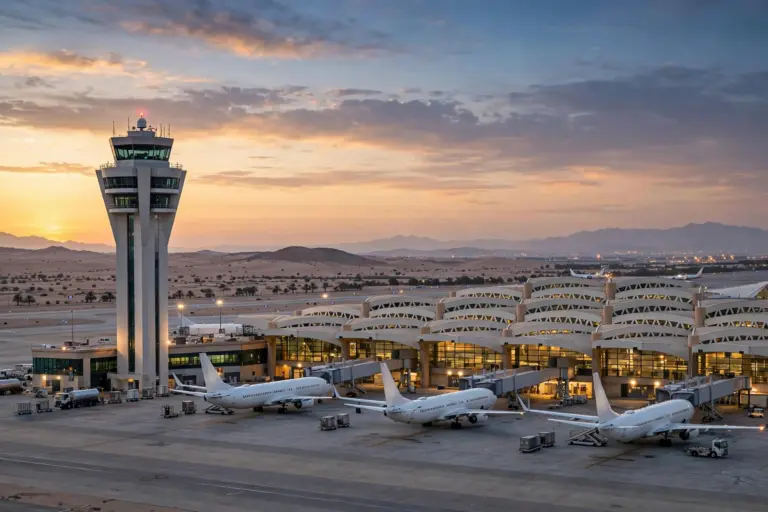 King Khalid International Airport in Riyadh at dusk with parked passenger aircraft on the tarmac