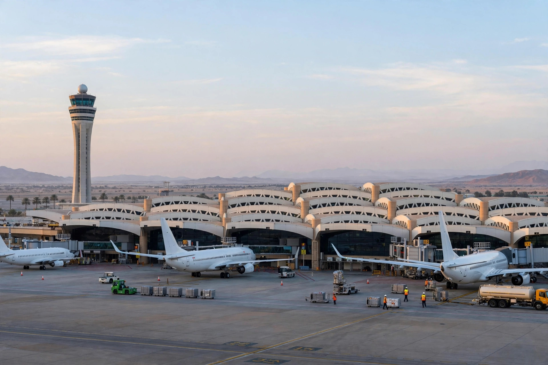 Passenger jets parked at gates at King Khalid International Airport in Riyadh as flights resume after a two-week closure