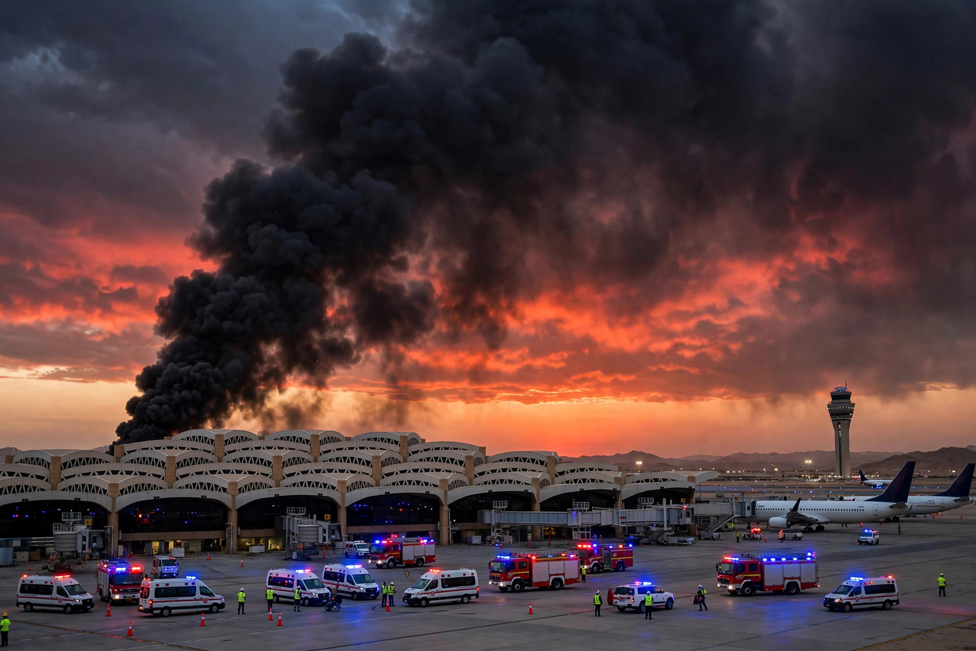 Dark smoke rises over King Khalid International Airport in Riyadh as emergency vehicles respond after the Houthi missile strike, October 2026