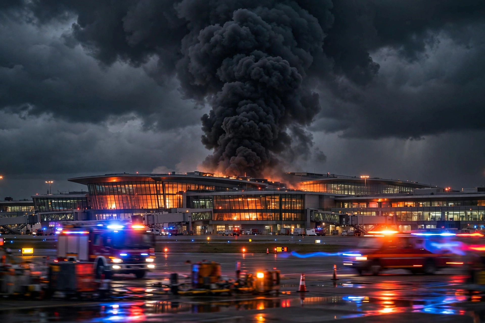Smoke billows over King Khalid International Airport terminal in Riyadh as emergency vehicles respond to a projectile strike on Terminal 4