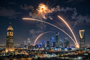 Air-defence interceptor trails lighting up the night sky over Riyadh's skyline after Saudi forces intercepted a Houthi ballistic missile aimed at the capital, October 2026