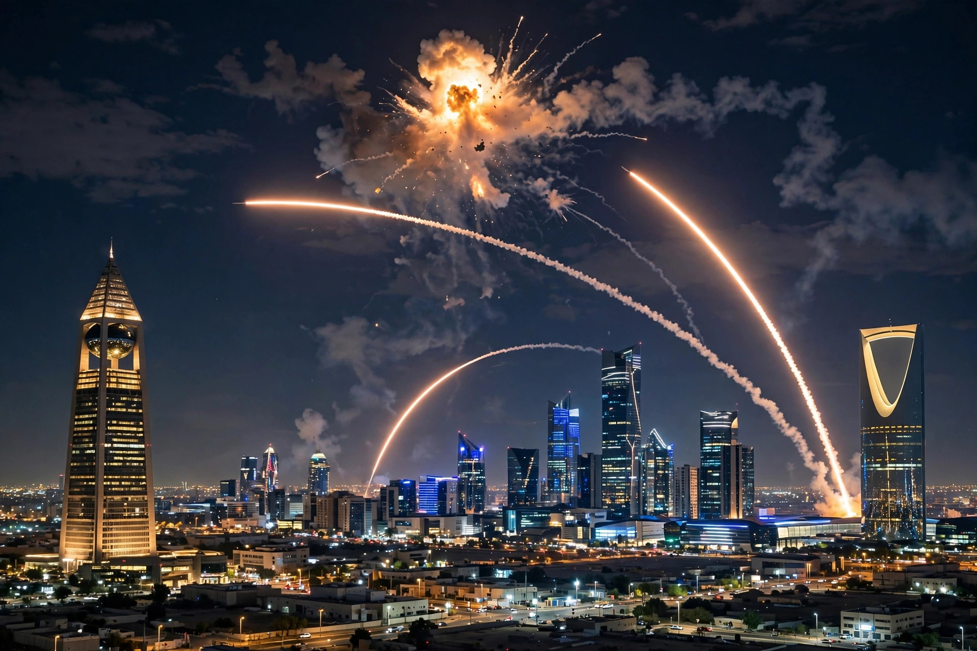 Air-defence interceptor trails lighting up the night sky over Riyadh's skyline after Saudi forces intercepted a Houthi ballistic missile aimed at the capital, October 2026