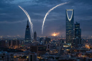 Pre-dawn Riyadh skyline with air-defense interceptor contrails arcing into the sky after a Houthi ballistic missile aimed at the capital was intercepted