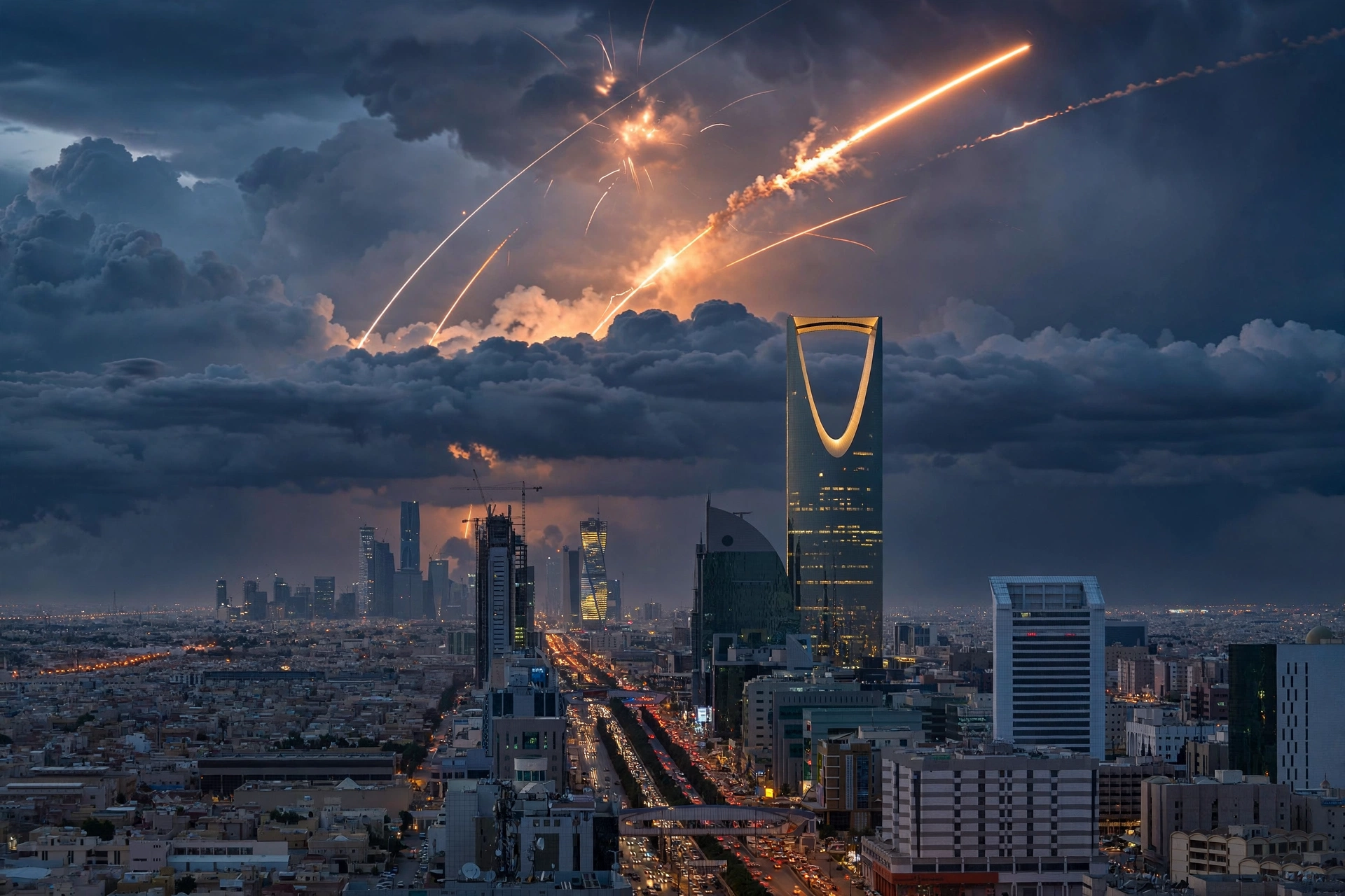 Air-defense interceptor streaks light up the sky over Riyadh's skyline at dusk, October 20, 2026