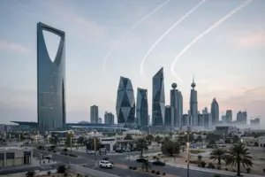 Riyadh skyline at dawn with air-defence interceptor contrails arcing across the morning sky after a Houthi missile barrage on Sunday, October 25, 2026