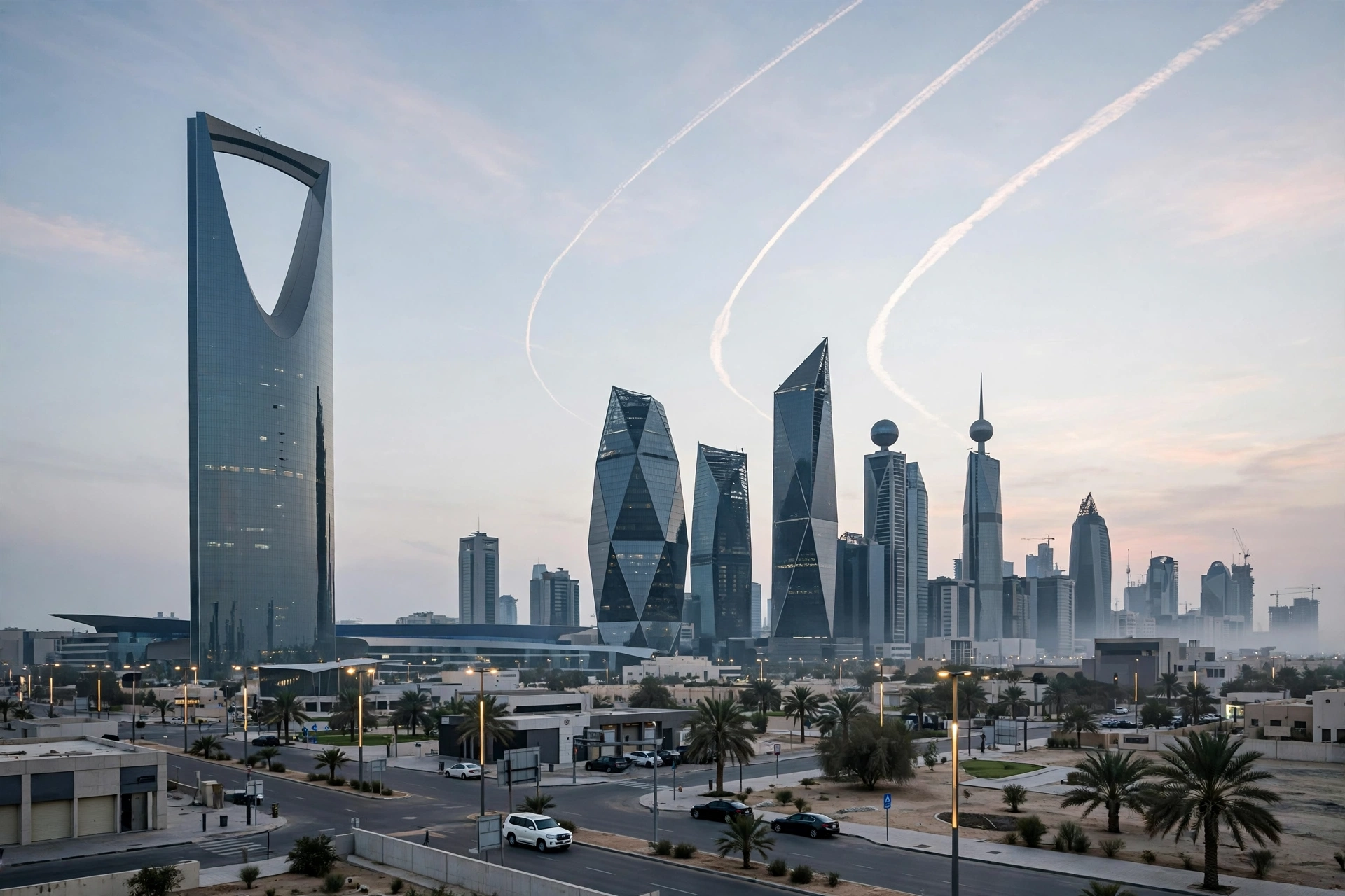 Riyadh skyline at dawn with air-defence interceptor contrails arcing across the morning sky after a Houthi missile barrage on Sunday, October 25, 2026