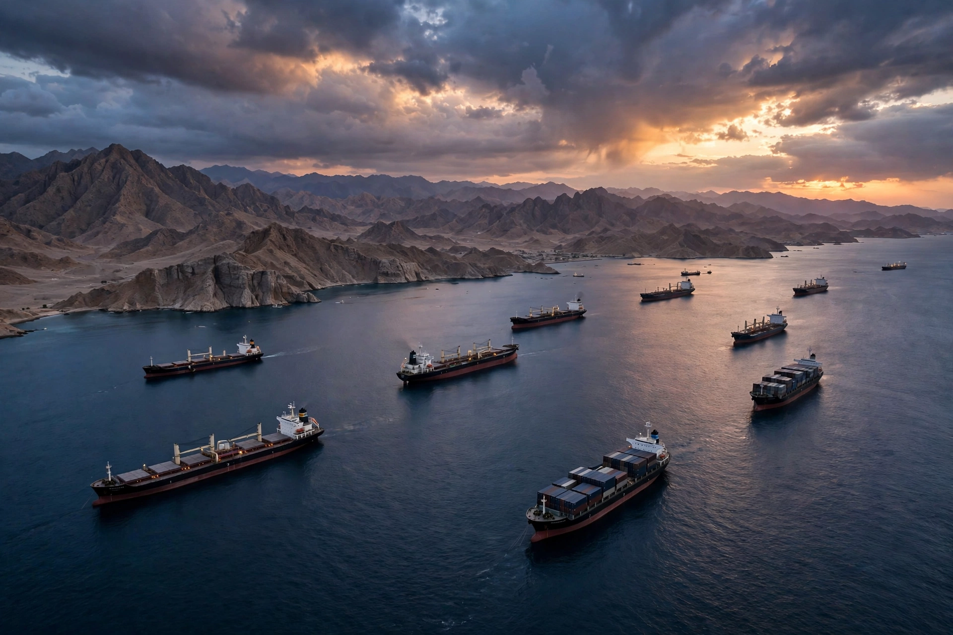 Oil tankers and cargo ships anchored in the Strait of Hormuz at dusk