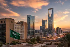 Riyadh skyline at dusk with the Saudi Ministry of Finance and Saudi flag