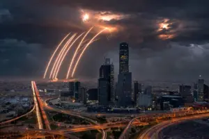 Interceptor missile trails light up the night sky over a Saudi city skyline during an air defence interception