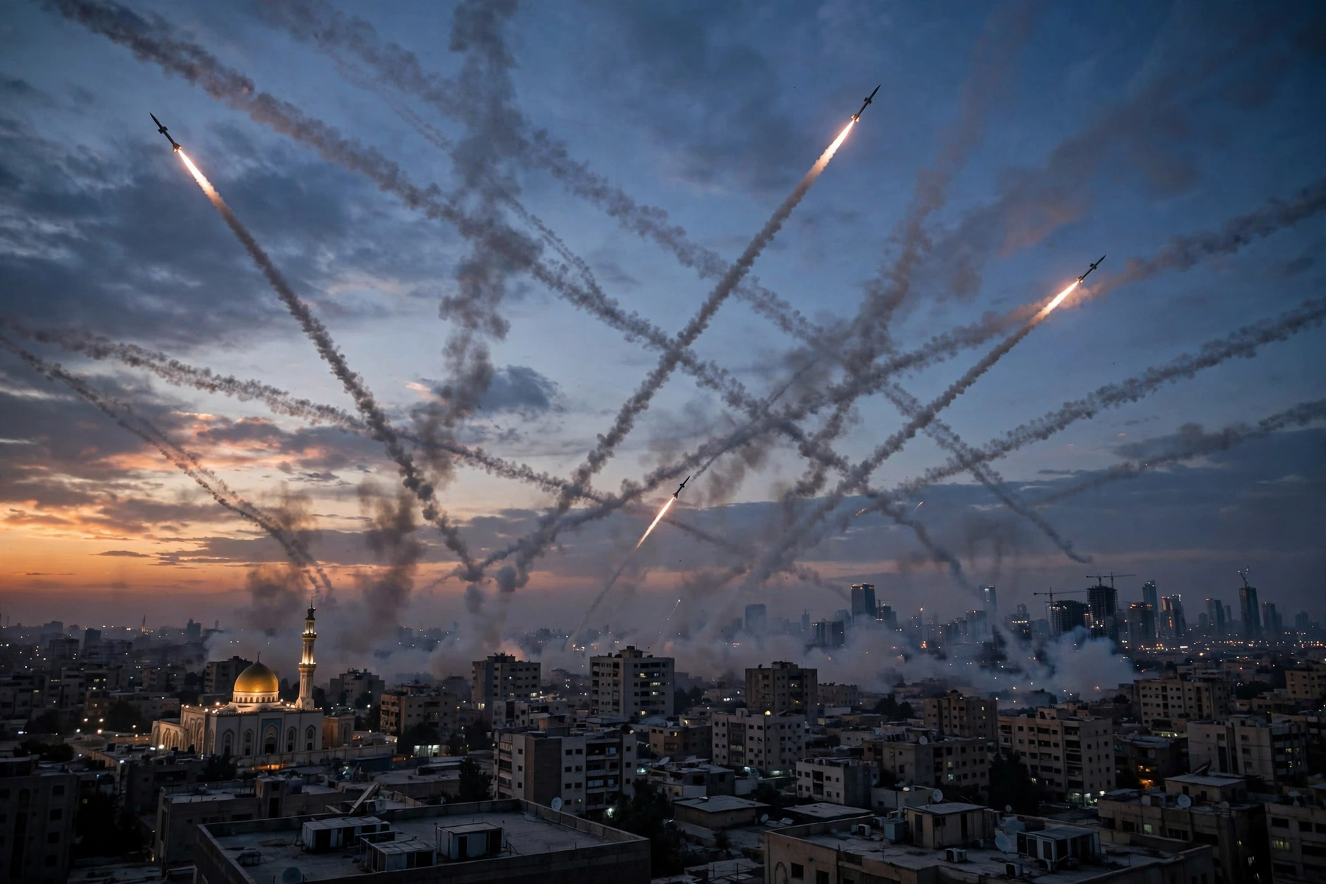 Air defence interceptor missile trails over a Middle Eastern city skyline at dusk