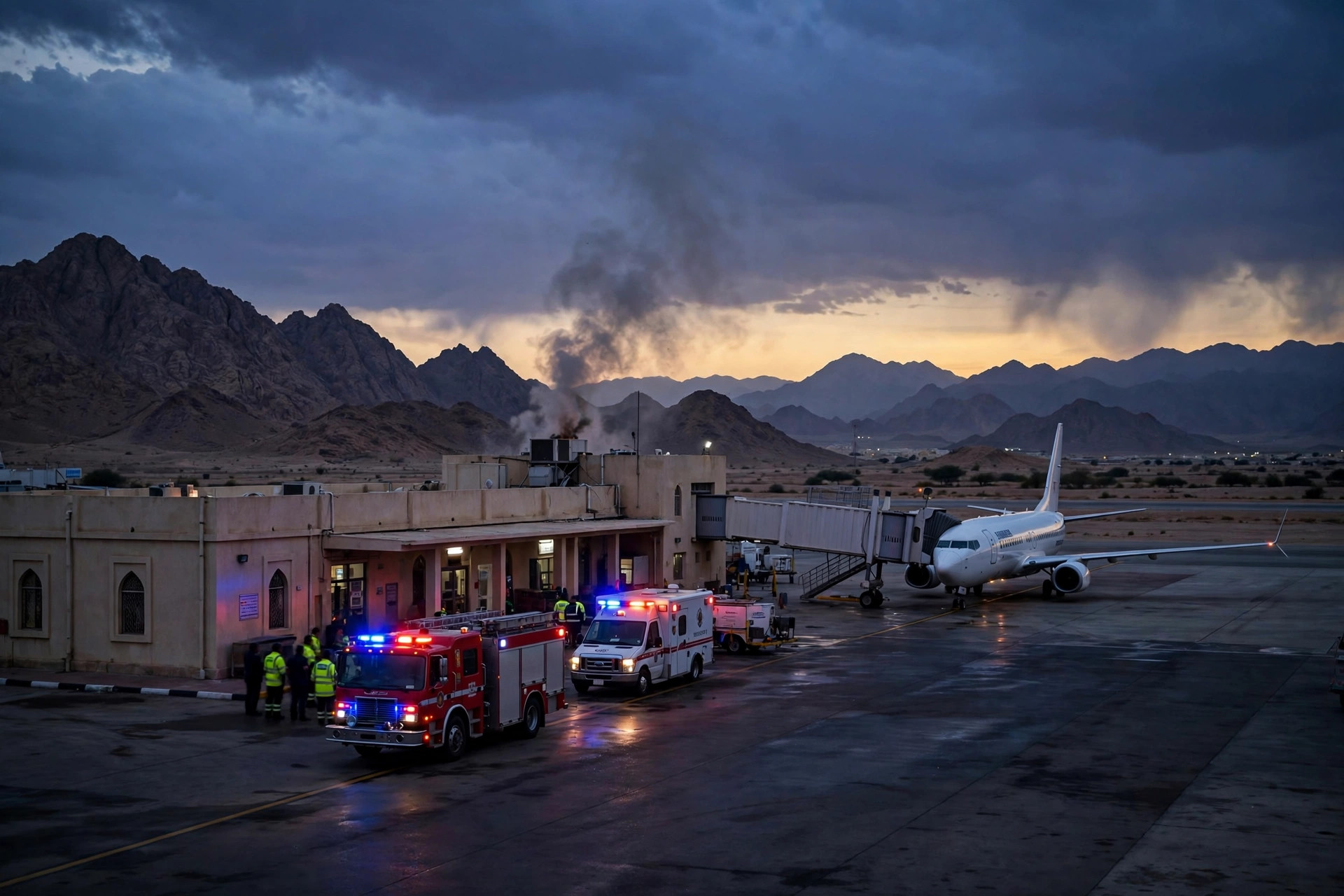 Emergency response vehicles on the tarmac of a southern Saudi Arabian airport at dusk after Houthi strikes on Jizan and Najran airports