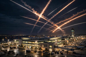 Saudi airport terminal at night with air defence interceptor missile trails streaking across the sky during Houthi attacks, October 2026