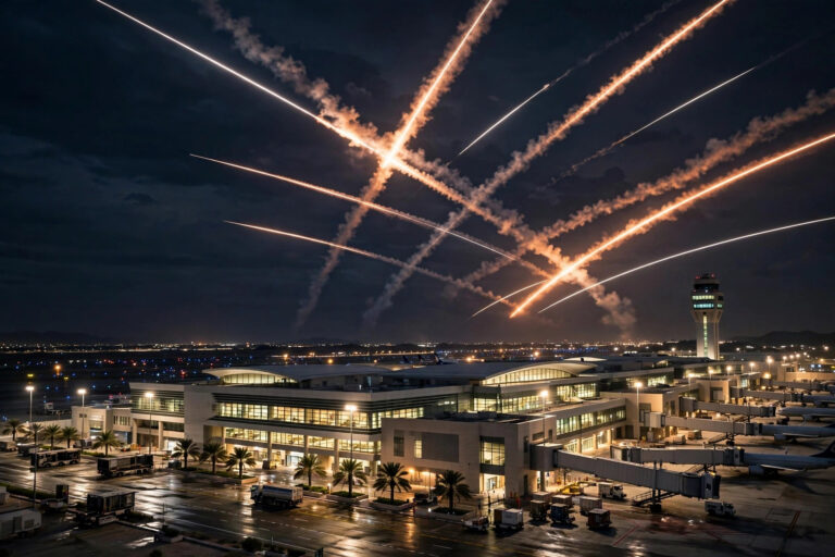 Saudi airport terminal at night with air defence interceptor missile trails streaking across the sky during Houthi attacks, October 2026