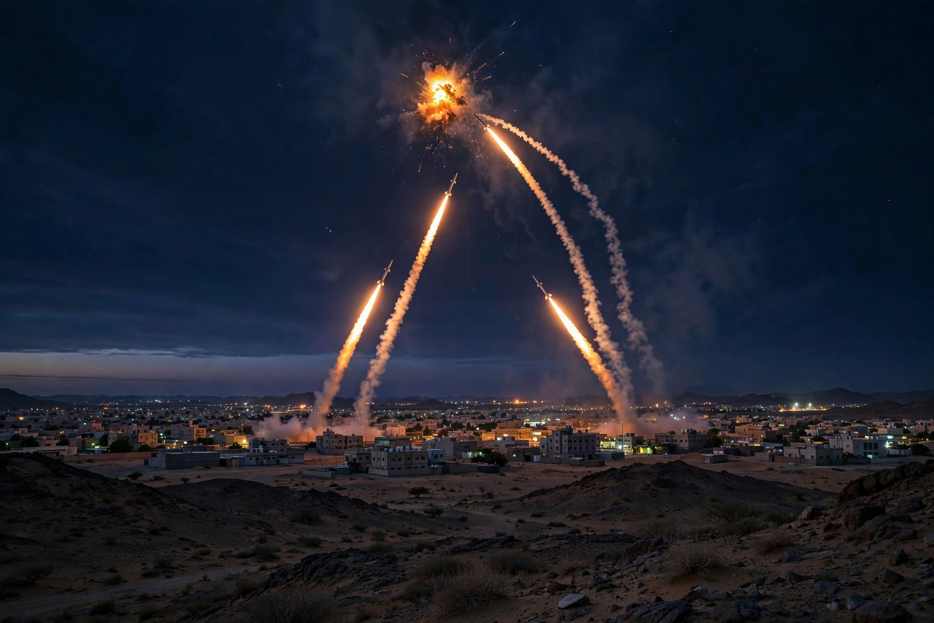 Saudi air defence interceptor missiles streak into the night sky over a desert city as coalition forces down incoming drones