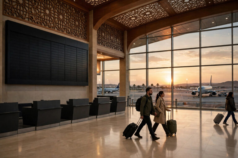 Nearly empty airport departures hall in Saudi Arabia at dusk, with travellers and grounded aircraft visible through large windows