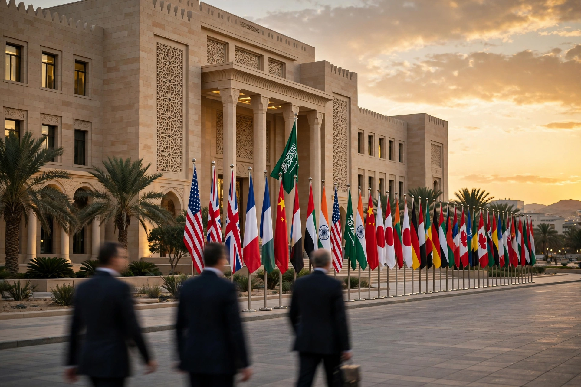 Formal diplomatic setting in Riyadh at dusk with international flags outside a government building