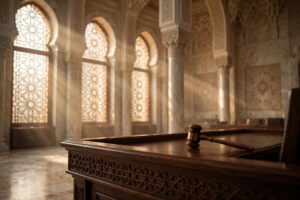 Gavel resting on a judge's bench inside a grand Middle Eastern supreme court hall, symbolising the Saudi Supreme Court's ruling in the Sri Lankan blasphemy case
