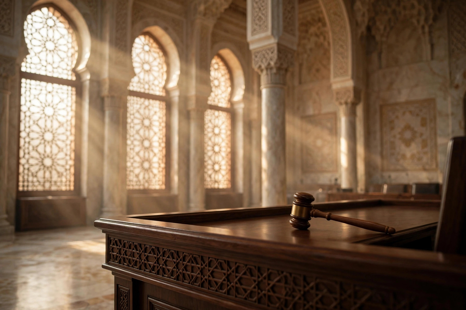 Gavel resting on a judge's bench inside a grand Middle Eastern supreme court hall, symbolising the Saudi Supreme Court's ruling in the Sri Lankan blasphemy case