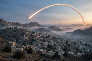 Interceptor missile trail arcing over a Saudi Arabian mountain city skyline at dawn