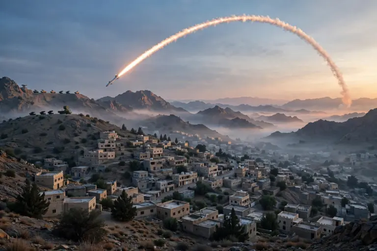 Interceptor missile trail arcing over a Saudi Arabian mountain city skyline at dawn